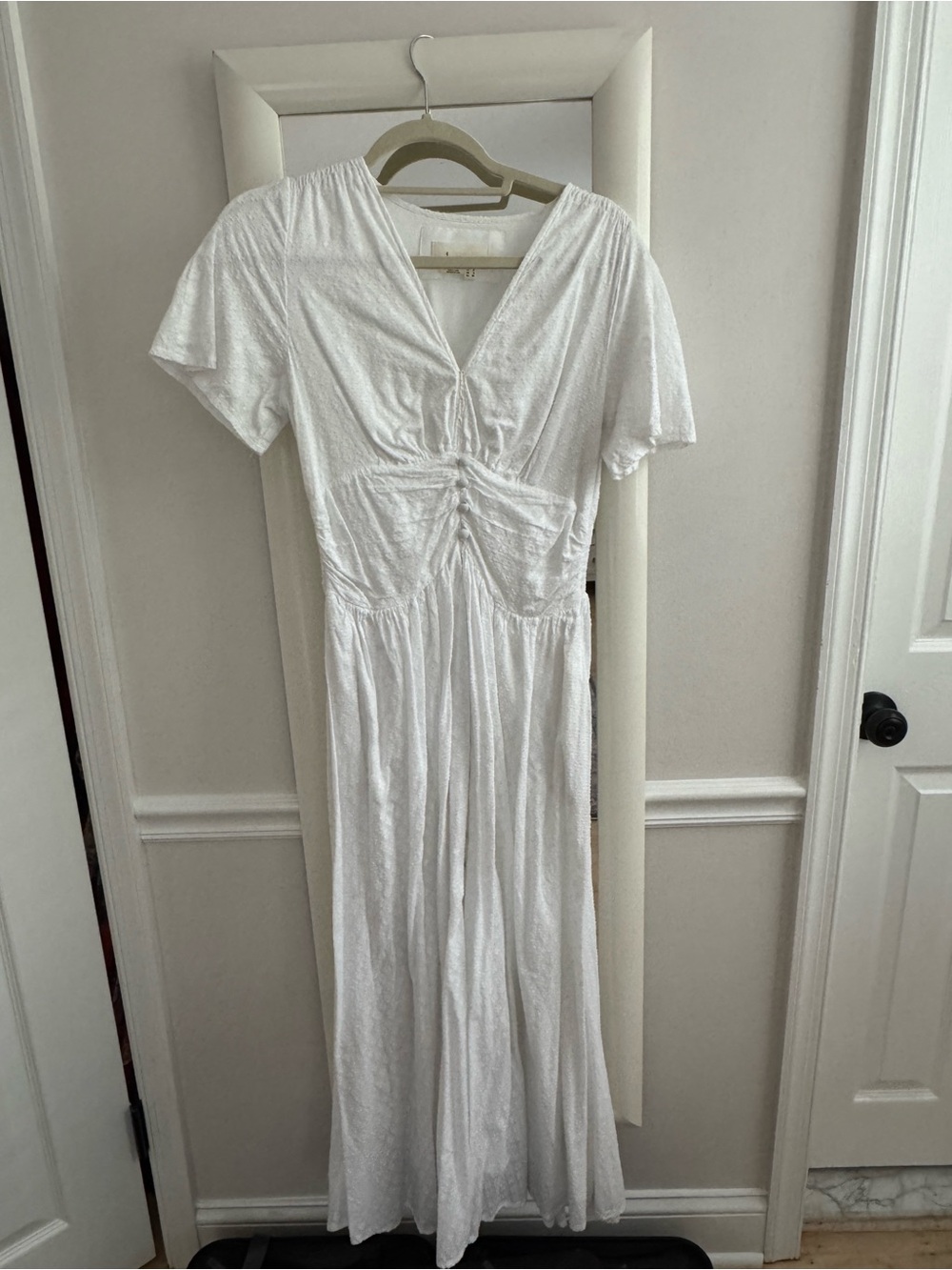 Anthropologie White Midi Dress with Ruched Waist